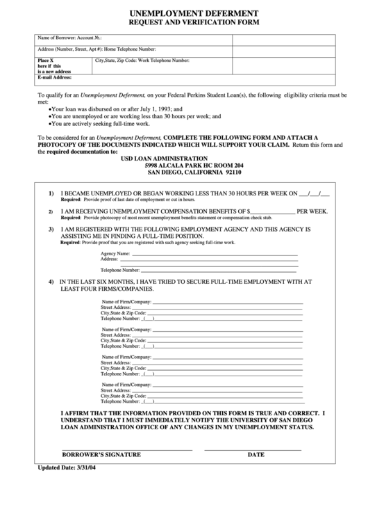 Unemployment Deferment Request And Verification Form Printable pdf
