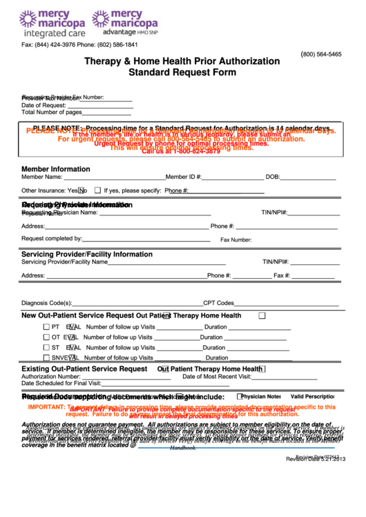 Fillable Therapy & Home Health Prior Authorization Standard Request Form Printable pdf