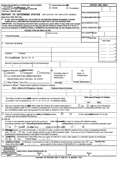 Form 2837 Indiana Report To Determine Status (Application For