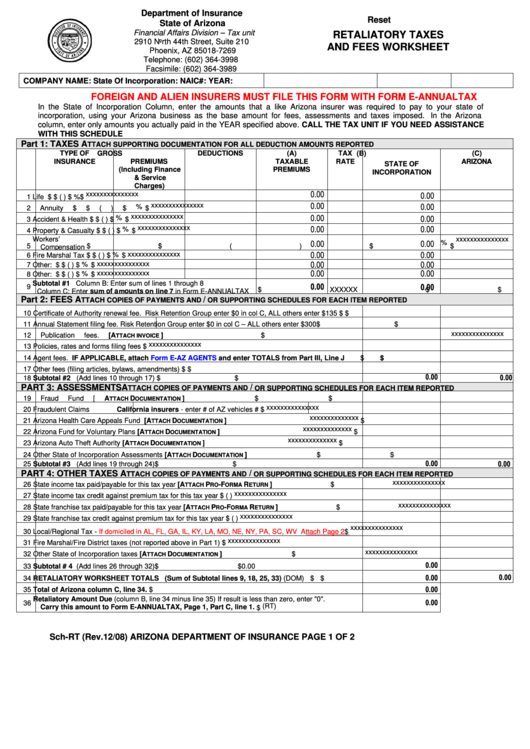 Fillable Form Sch-Rt - Retaliatory Taxes And Fees Worksheet Printable pdf
