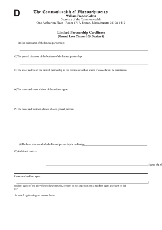 Fillable Form D - Limited Partnership Certificate - Boston - Massachusetts Printable pdf