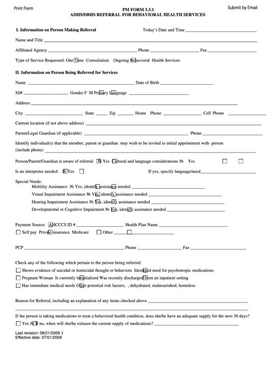 Fillable Pm Form 3.3.1 - Adhs/dbhs Referral For Behavioral Health Services Printable pdf