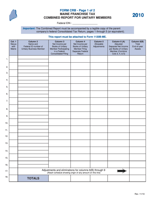 Form Crb - Maine Franchise Tax-Combined Report For Unitary Members - 2010 Printable pdf