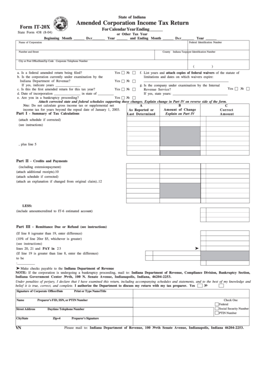 Form It-20x - State Form 438 - Amended Corporation Income Tax Return - Indiana Printable pdf