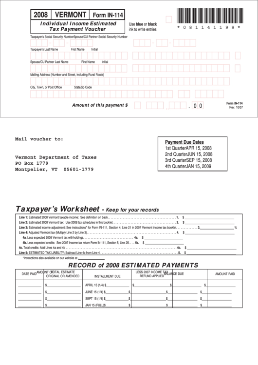 Form In-114 - Individual Income Estimated Tax Payment Voucher - 2008 Printable pdf