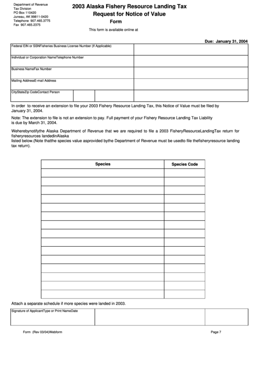 Form 04-680.nov - Alaska Fishery Resource Landing Tax Request For Notice Of Value - 2003 Printable pdf