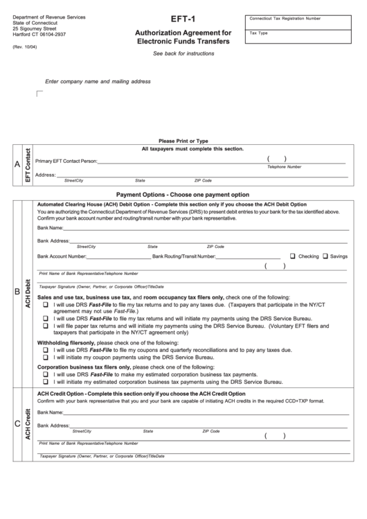 Form Eft-1 - Authorization Agreement For Electronic Funds Transfer Printable pdf