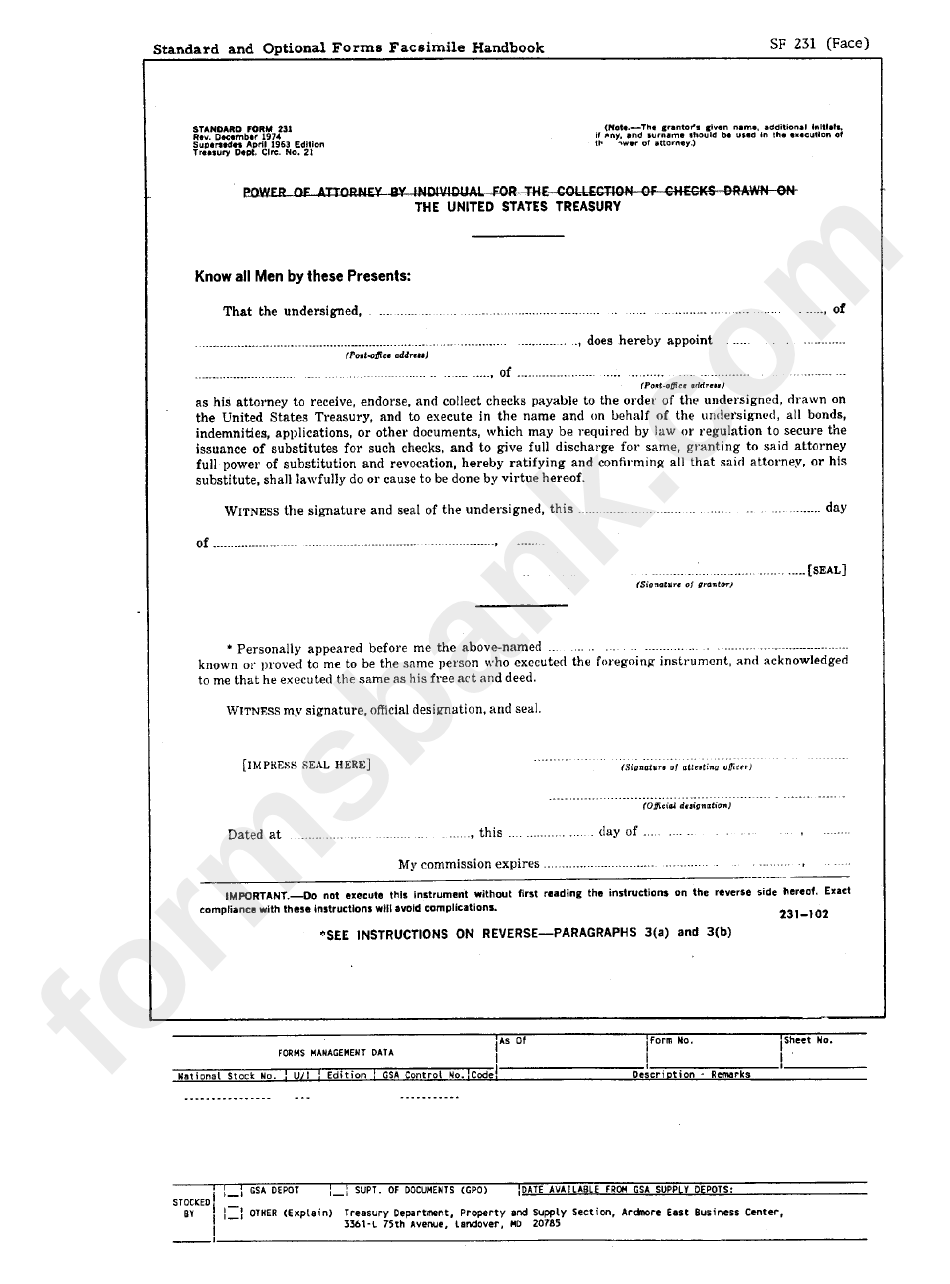 Form Sf 231 - Power Of Attorney By Individual For The Collection Of Checks Drawn On The United States Treasury - 1974