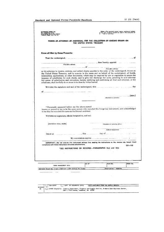 Form Sf 231 - Power Of Attorney By Individual For The Collection Of Checks Drawn On The United States Treasury - 1974 Printable pdf