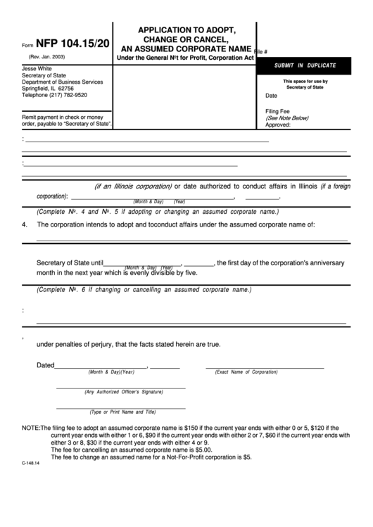 Fillable Form Nfp 104 15 20 Application To Adopt Change Or Cancel 