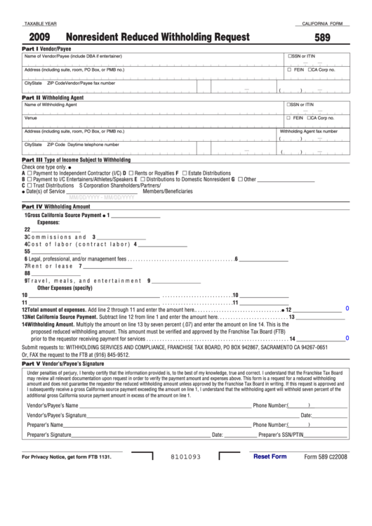 Fillable California Form 589 - Nonresident Reduced Withholding Request - 2009 Printable pdf