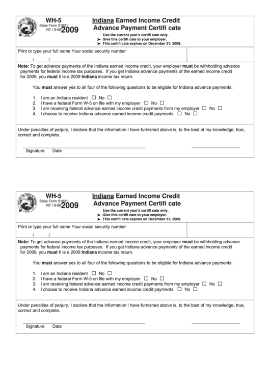 State Form 51021 - Indiana Earned Income Credit Advance Payment Certificate - 2009 Printable pdf