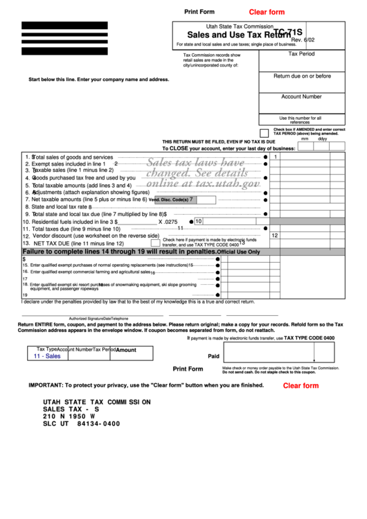 Fillable Form Tc-71s - Sales And Use Tax Return - 2002 Printable pdf