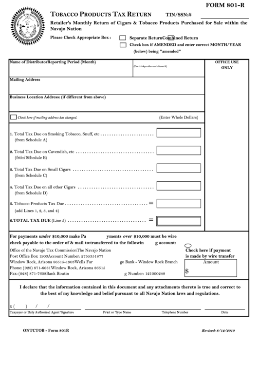Form 801-R - Tobacco Products Monthly Tax Return Printable pdf