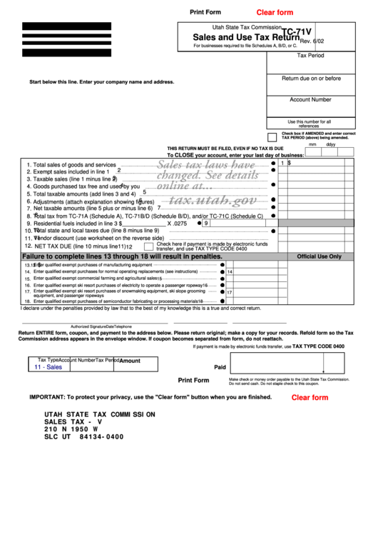 Fillable Form Tc-71v - Sales And Use Tax Return - 2002 Printable pdf