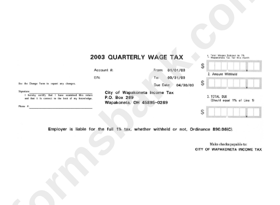 Quarterly Wage Tax Form - City Of Wapakoneta, 2003