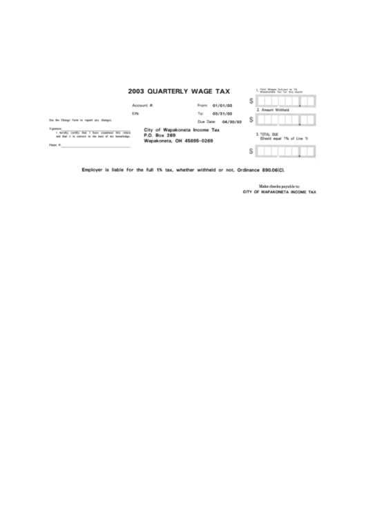 Quarterly Wage Tax Form - City Of Wapakoneta, 2003 Printable pdf