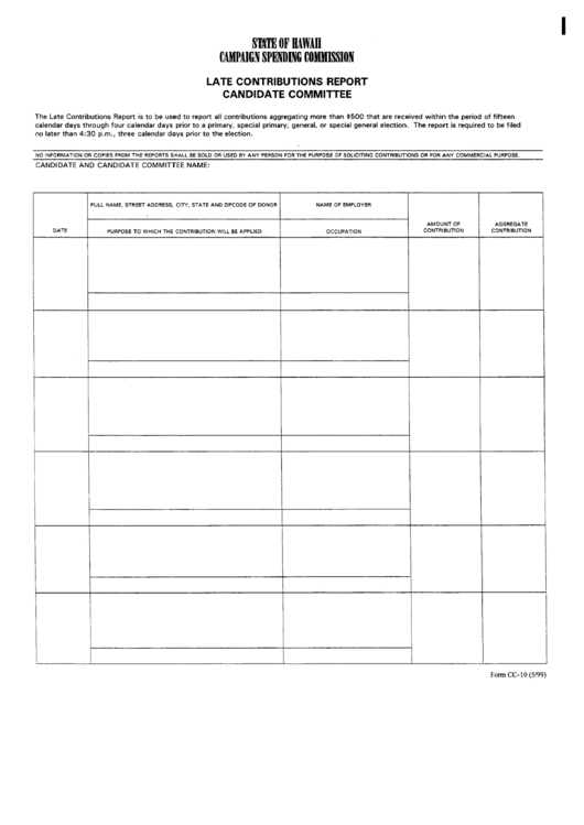 Form Cc-10 - Late Contributions Report Candidate Committee Printable pdf