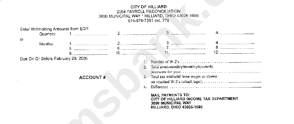 Payroll Reconciliation Form - City Of Hilliard, 2004