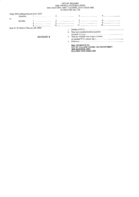 Payroll Reconciliation Form - City Of Hilliard, 2004 Printable pdf