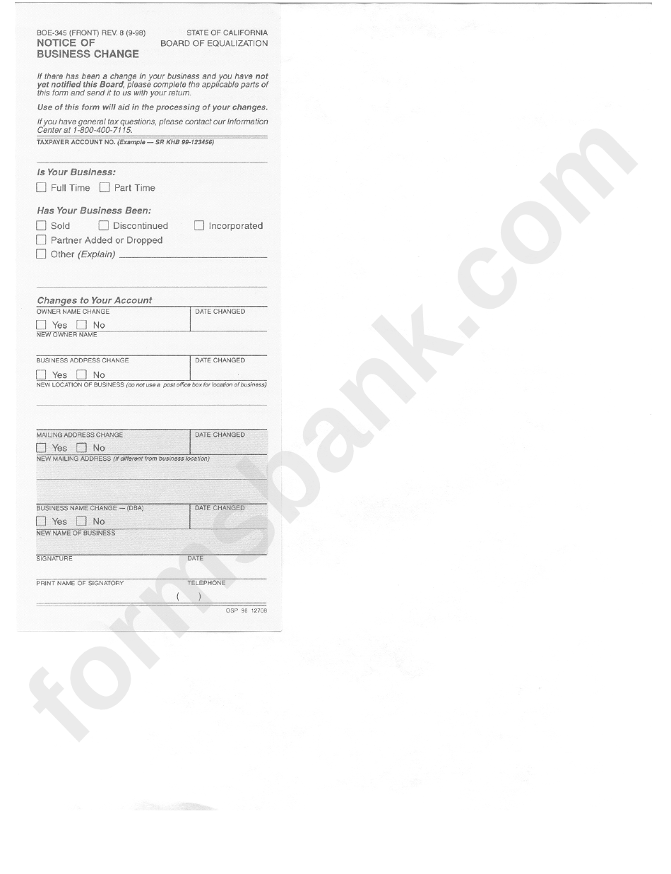 Form Boe-345 - Notice Of Business Change - Claim For Refund Or Credit
