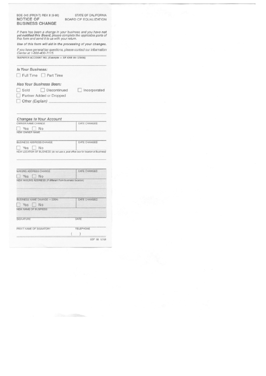 Form Boe-345 - Notice Of Business Change - Claim For Refund Or Credit Printable pdf