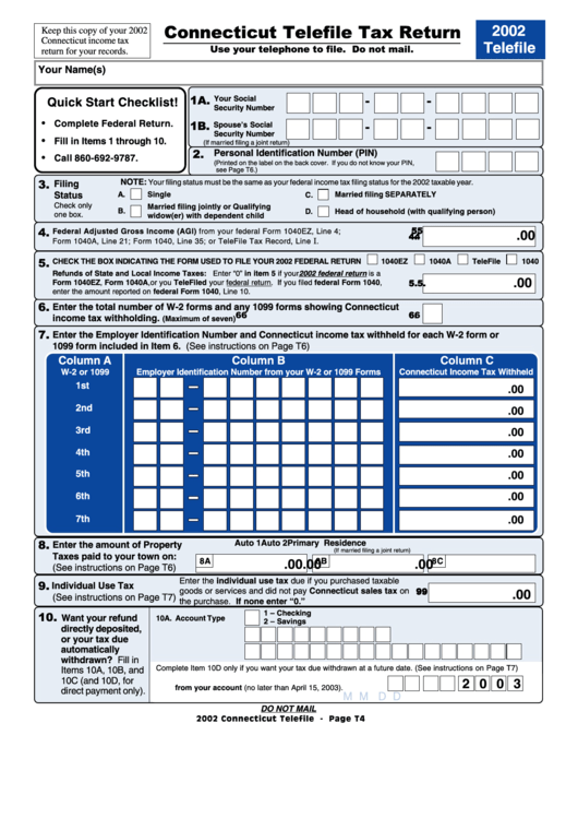 Connecticut Telefile Tax Return Form - 2002 Printable pdf