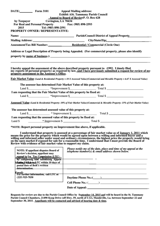 Form 3101 - Exhibit A - Appeal To Board Of Review By Taxpayer For Real And Personal Property - 2015 Printable pdf