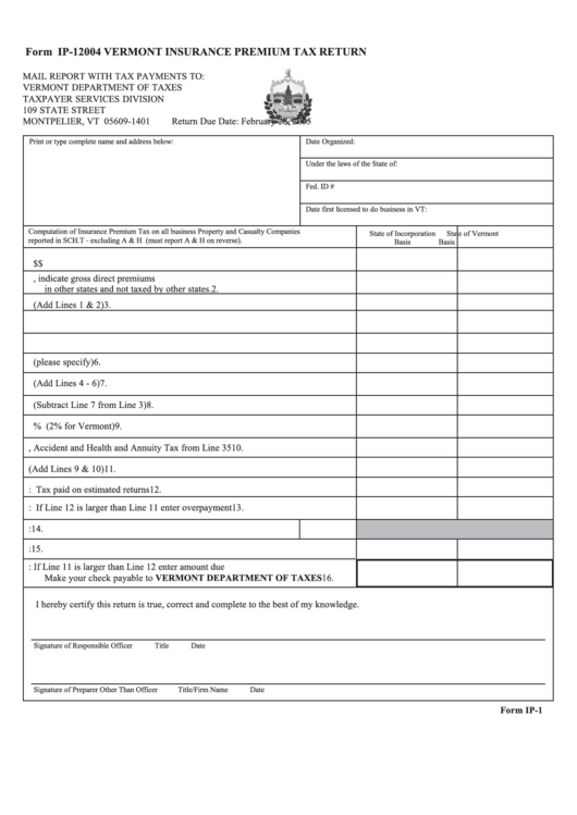 Form Ip-1 - Insurance Premium Tax Return - 2004 Printable pdf