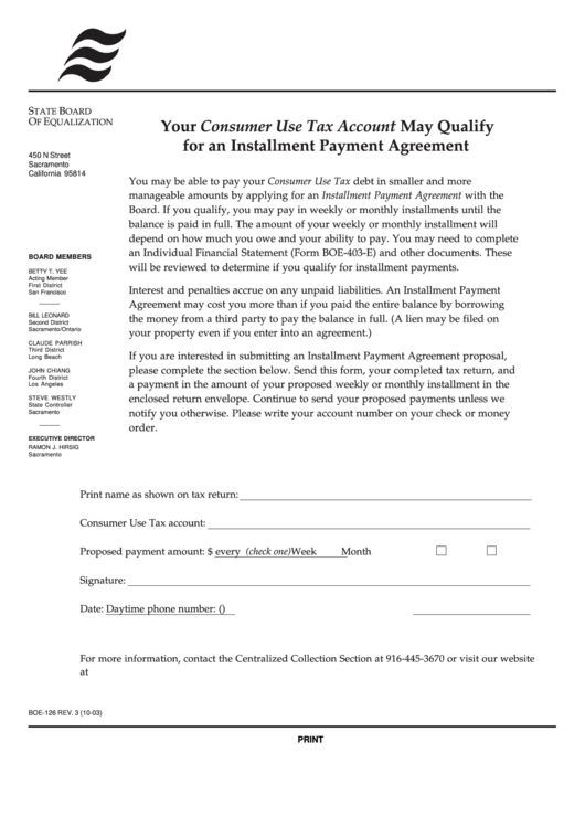 Fillable Form Boe-126 - Installment Payment Agreement Proposal Submittion - 2003 Printable pdf