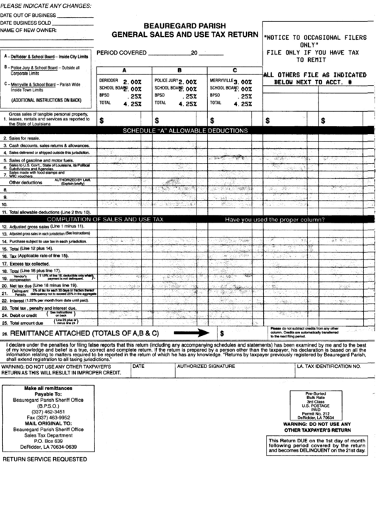 General Sales And Use Tax Return Form - Beauregard Parish Printable pdf