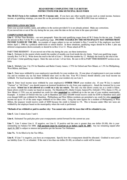 Instructions For Ir-Ez Form - 2006 Printable pdf