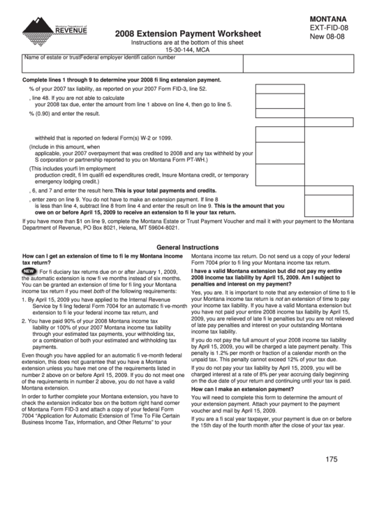 Form Ext-Fid-08 - Extension Payment Worksheet - 2008 And Form Esw-Fid - 2009 Montana Fiduciary Estimated Income Tax Worksheet Printable pdf