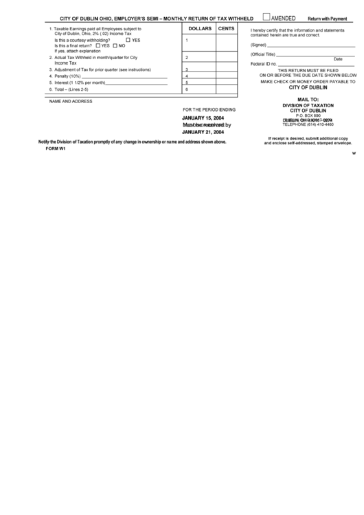 Fillable Form W-1- Monthly Return Of Tax Withheld - City Of Dublin Printable pdf