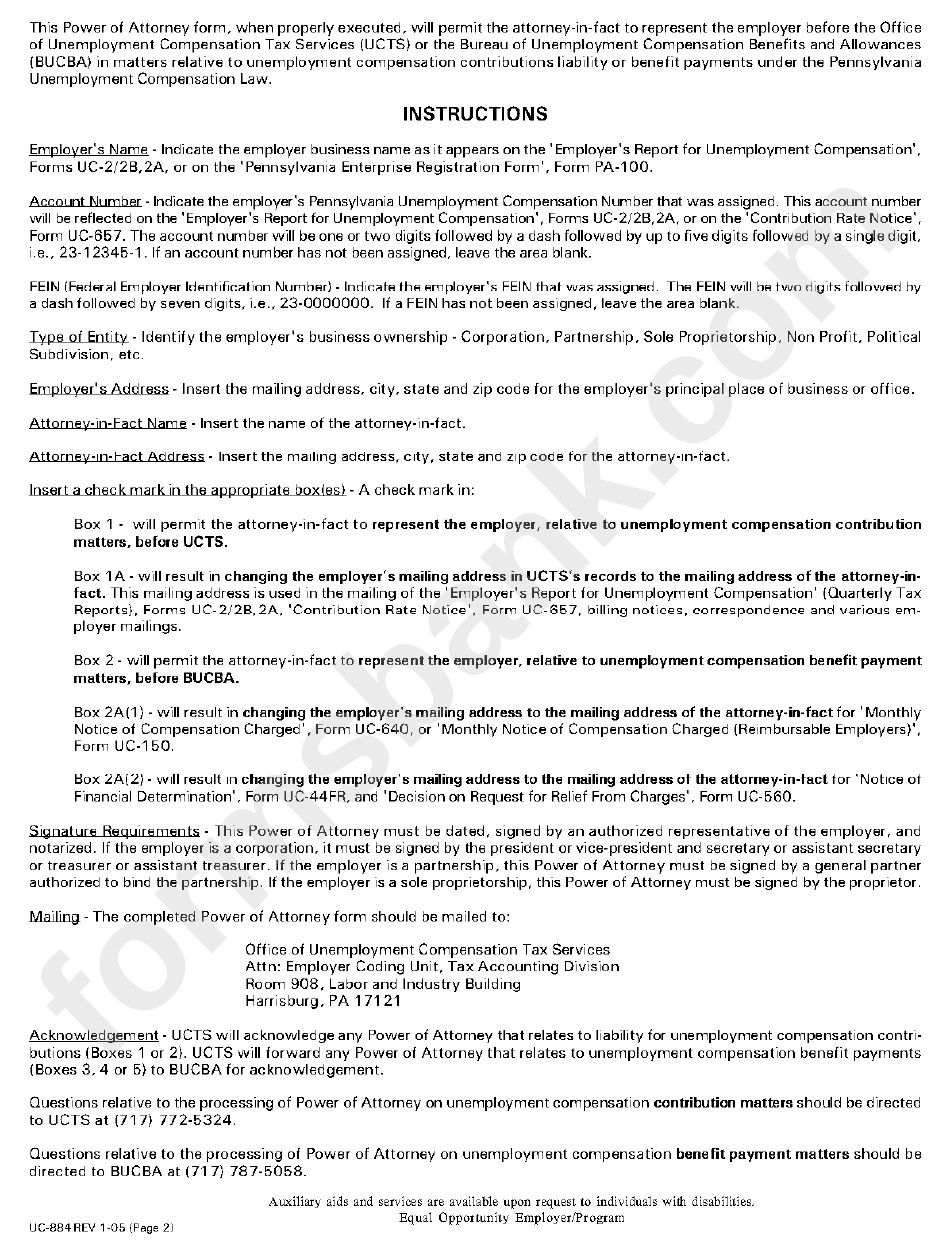 Instructions For Pennsylvania Unemployment Compensation - Power Of Attorney Form Uc-884 January 2005