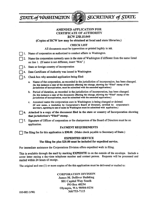 Form 010-002 - Amended Application For Certificate Of Authority - 1996 Printable pdf