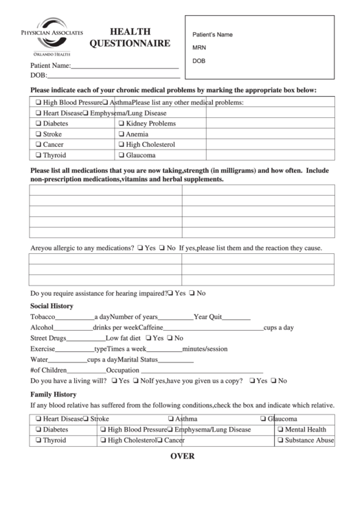 Health Questionaire Form Printable pdf