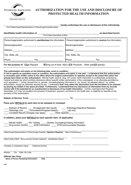 Authorization For The Use And Disclosure Of Protected Health Information Form Printable pdf