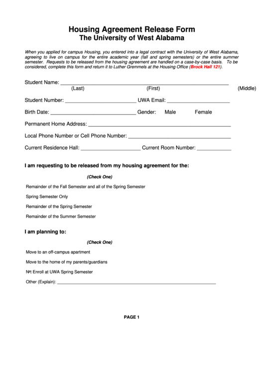 Fillable Housing Agreement Release Form Printable pdf