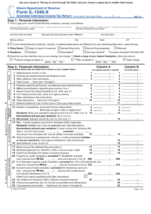 Fillable Form Il-1040-X - Amended Individual Income Tax Return - 2007 Printable pdf