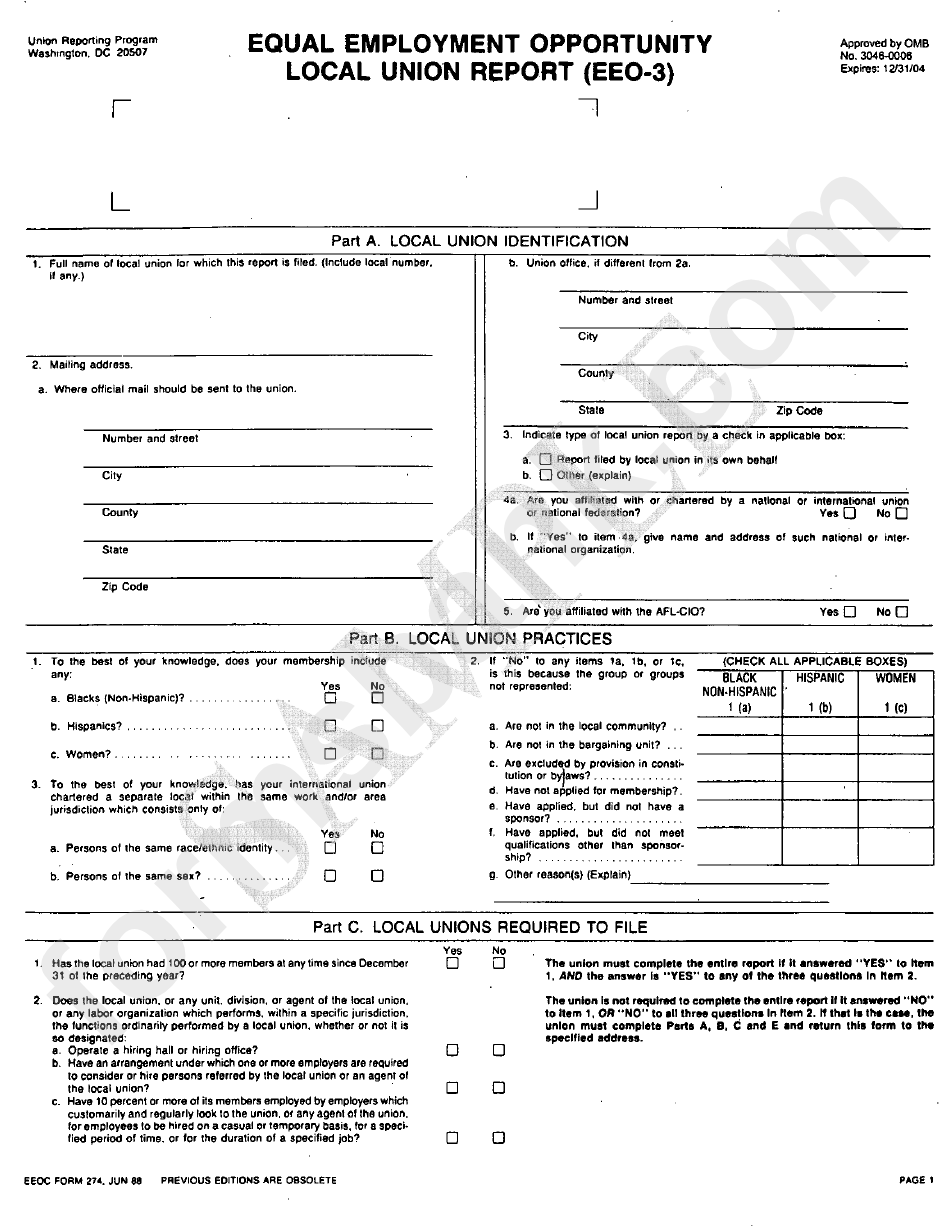 Eeoc Form 274 - Equal Employment Opportunity Local Union Report (Eeo-3) - 1988