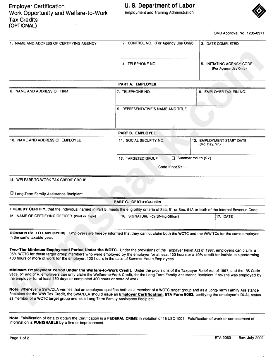 Form Eta 9063 - Employer Certification Work Opportunity And Welfare-To-Work Tax Credits - 2002