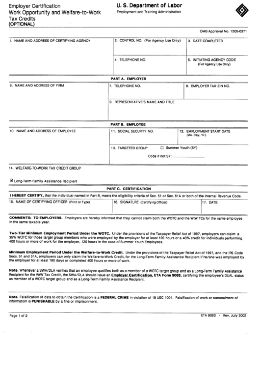 Fillable Form Eta 9063 - Employer Certification Work Opportunity And Welfare-To-Work Tax Credits - 2002 Printable pdf