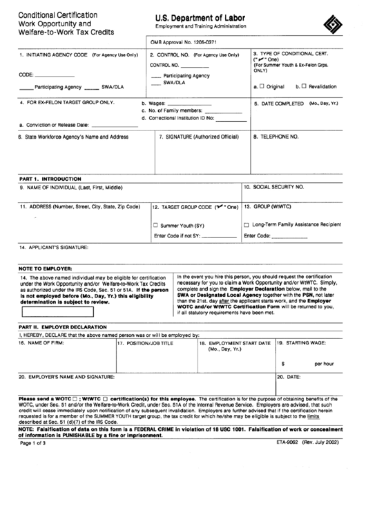 Fillable Form Eta-9062 - Conditional Certification Work Opportunity And Welfare-To-Work Tax Credits - 2002 Printable pdf