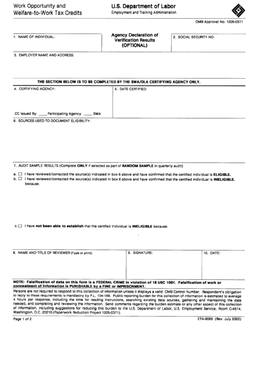 Fillable Form Eta-9065 - Agency Declaration Of Verification Results (Optional) - 2002 Printable pdf