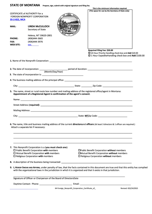 Form 35-2-822, Mca - Certificate Of Authority For A Foreign Nonprofit Corporation - Secretary Of State Of Montana - 2015 Printable pdf