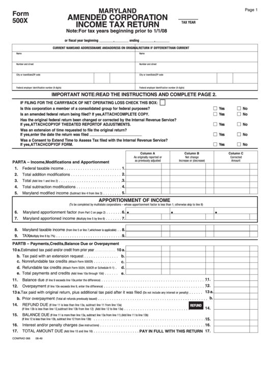Fillable Form 500x - Maryland Amended Corporation Income Tax Return - 2008 Printable pdf