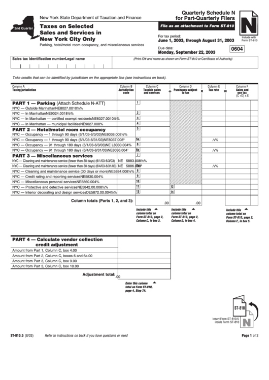 Form St-810.5 - Quarterly Schedule N For Part-Quarterly Filers For Taxes On Selected Sales And Services In New York City Only - 2003 Printable pdf