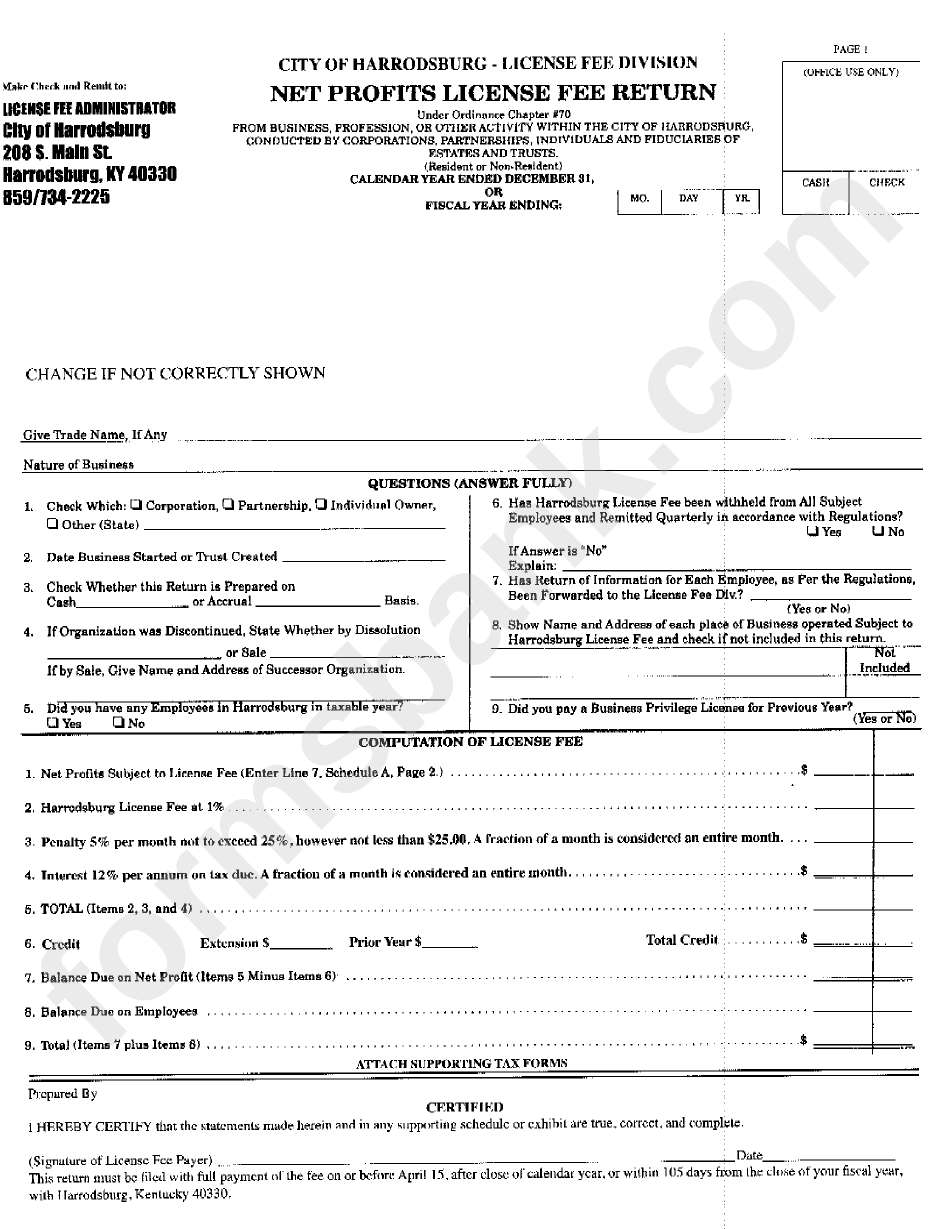 Net Profits License Fee Return Form printable pdf download