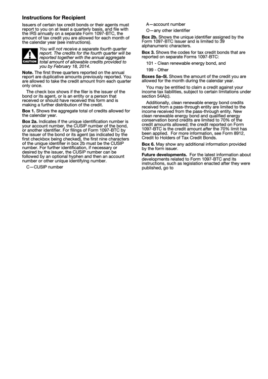 Instructions For Form 1097-Btc - Bond Tax Credit - 2013 Printable pdf
